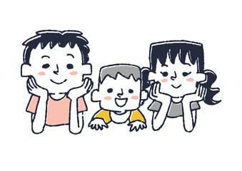 寝そべってこっちを見ている兄妹　コミカルな手書きの人物　ベクター、線画にシンプルな色つけ　