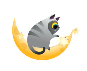 Cat sitting on golden moon and shiny stars sleeping, nighttime clipart with stars and a crescent. Cute kitten and the moon lullaby isolated clipart. Vector illustration for children and kids.