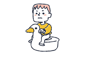 おまるでトイレをしている男の子　コミカルな手書きの人物　ベクター、線画にシンプルな色つけ　