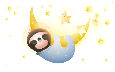 Fantasy cartoon sloth character sleeping on the moon with stars. Sloth cosmonaut for kids sleeping cartoon. Vector illustration in watercolor style. © Popmarleo