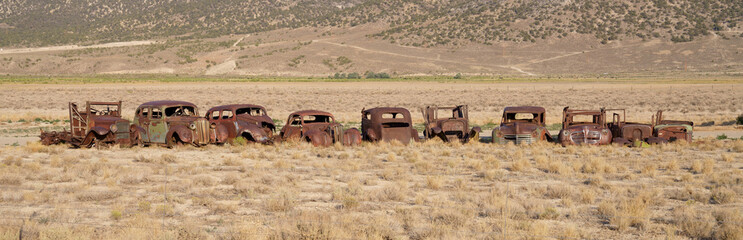 Old rusted cars in the desert area.
Ely-Nevada State, U.S.A.

