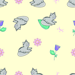 Vector colorful floral seamless pattern with grey cat located on light yellow background. Appropriated as print, cover, greeting card for March 8, birthday, wallpaper, background.
