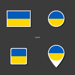 Ukraine flag icon set in different shape (rectangle, circle, square and marker icon) on dark grey background.