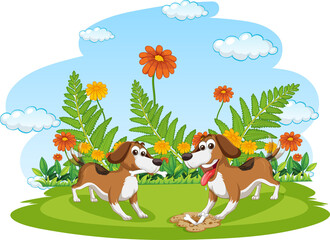 Two dogs running in the garden