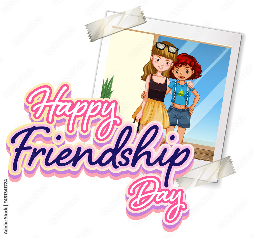 Wall mural happy friendship day logo banner with photo of two girls