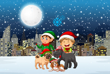 Snowy winter night with Christmas elves and cute dogs