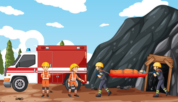 Cave scene with firerman rescue in cartoon style