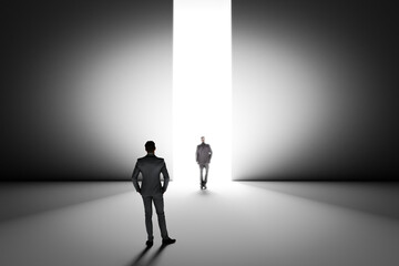 Obraz premium 3d render walking man with a case to the opening gate with clearance