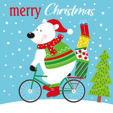 christmas greeting card with teddy bear riding bike