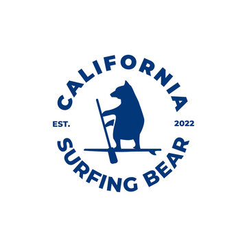 Typographic logo vector illustration of a bear on a surfboard, surf silhouette vector illustration. California