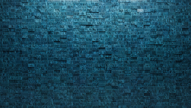 Polished, Glazed Mosaic Tiles arranged in the shape of a wall. Rectangular, Blue Patina, Bricks stacked to create a 3D block background. 3D Render