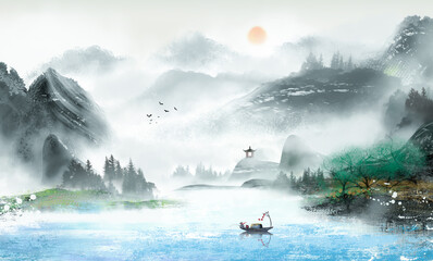 Spring artistic conception ink landscape painting Chinese style landscape illustration