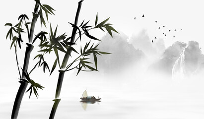 Spring landscape painting Chinese style landscape background illustration