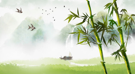 Spring landscape painting Chinese style landscape background illustration - obrazy, fototapety, plakaty