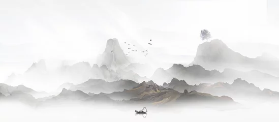 Poster Im Rahmen Neue künstlerische Konzeptionsillustration der chinesischen Landschaftsmalereitinte © 心灵艺坊