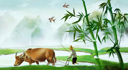 Spring busy farming cattle cultivated land green landscape painting landscape illustration © 心灵艺坊