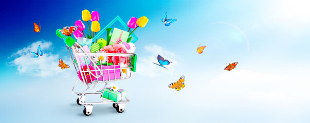 Mini shopping cart with colorful flowers and butterflies.