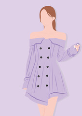 Beautiful woman character in fashionable purple dress.