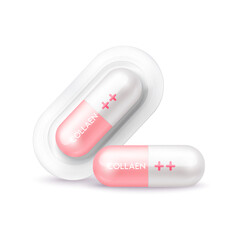 Collagen capsule solution serum pink. Natural cosmetics lotion for face or body. Hyaluronic acid skin care ad. Beauty and Medicine Concepts. 3D Realistic Vector.