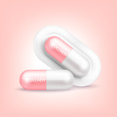 Collagen capsule solution serum pink. Natural cosmetics lotion for face or body. Hyaluronic acid skin care ad. Beauty and Medicine Concepts. 3D Realistic Vector.