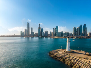 Aerial photography of Qingdao coastline Olympic Sailing Center panoramic large format