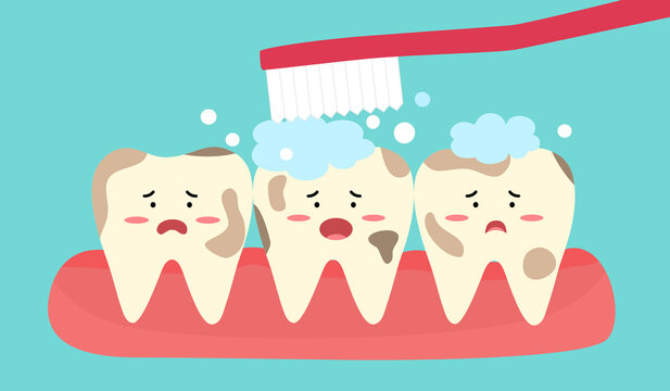 Cleaning dirty teeth with toothbrush and toothpaste cartoon character in flat design. Cute dental care. Oral healthcare.