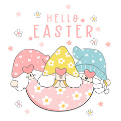 Hello Easter greeting, group of Three cute happy funny Gnome bunny ears pastel in Easer broken eggshell, elf cartoon drawing outline vector, happy holidays banner