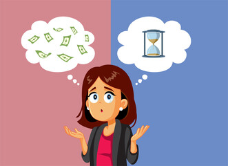 Puzzled Businesswoman Choosing Between Money and Personal Life Vector Illustration