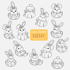 group of cute Easter bunny rabbit outline for colouring book, cute cartoon drawing vector