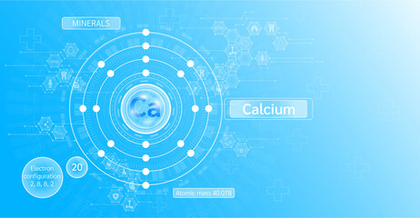Obraz premium Minerals calcium and Vitamin supplements complex capsule. Calcium food sources and functions. Health care and science icon pattern medical innovation. Blue background vector.