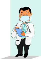 Doctor standing taking notes on auscultation and wearing a mask with medical equipment Flat illustration Cartoon illustration vector concept web banner poster design isolated on white background