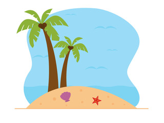 Fototapeta na wymiar Coconut trees on the beach with seashells and starfish. Private island travel destinations. Beach vector illustration.