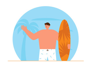 Holiday activities on the beach during the summer. Man carrying surf board on the beach. Beach vector illustration.