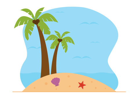 Coconut trees on the beach with seashells and starfish. Private island travel destinations. Beach vector illustration.