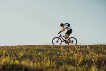 Naklejka premium Cyclist Riding the Bike on the Trail in the Forest. Man cycling on enduro trail track. Sport fitness motivation and inspiration. Extreme Sport Concept. Selective focus