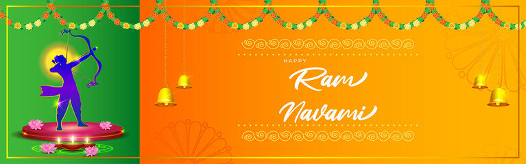 Vector illustration concept of Spring Hindu festival, Shree Ram Navami(Hindi text),written text means Shree Ram Navami, Lord Rama with bow and arrow greeting, poster, banner, flyer