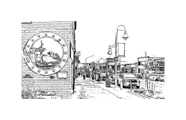 Building view with landmark of Midland is a city in western Texas. Hand drawn sketch illustration in vector.