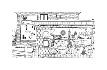 Building view with landmark of Midland is a city in western Texas. Hand drawn sketch illustration in vector.