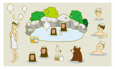 温泉と猿と熊 - obrazy, fototapety, plakaty