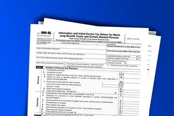 Form 990-BL documentation published IRS USA 08.29.2013. American tax document on colored
