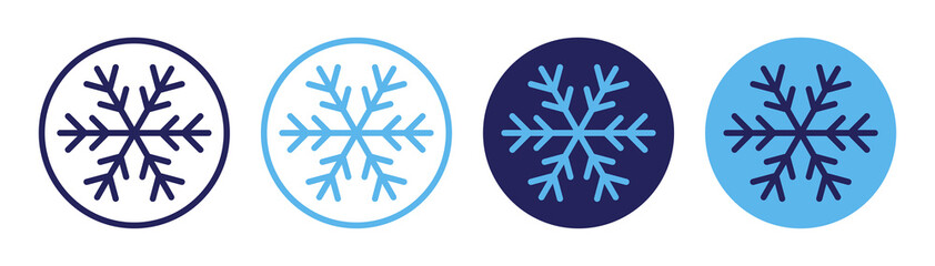 Snowflake icon on round design. Blue snowflake symbol isolated on white background.
