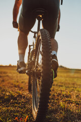 Cyclist Riding the Bike on the Trail in the Forest. Man cycling on enduro trail track. Sport...