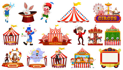 Set of circus characters and amusement park elements - obrazy, fototapety, plakaty