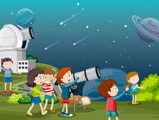 A Kids Looking at the planet with Telescope