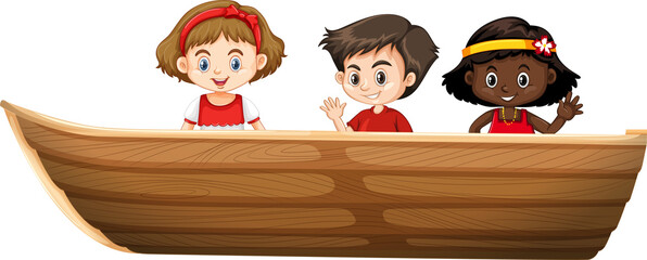 Boy and girl sitting on a boat on a white background