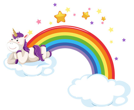 Little unicorn lying on a cloud with rainbow