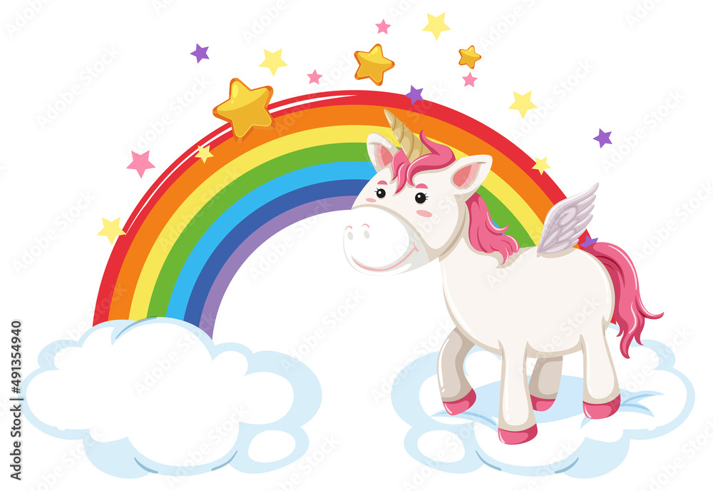 Sticker Pink pegasus standing on a cloud with rainbow