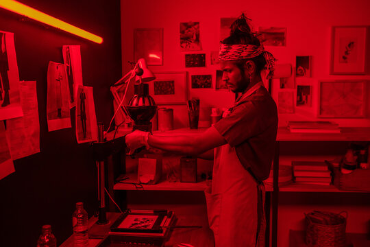 Young serious male photographer using photo enlarger while making black and white photographs in red lit laboratory