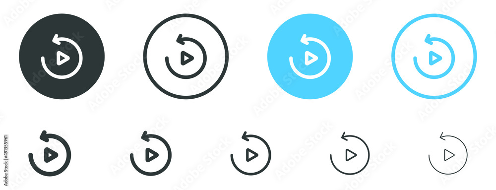 Poster replay icon, reload video play button with rotate arrow icon - watch again symbol sign. refresh icons