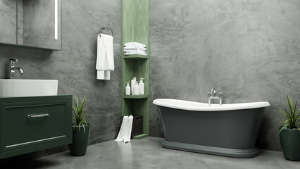 Modern contemporary loft bathroom interior design with luxury bathtub